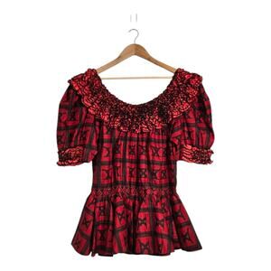 Vintage Peasant Blouse L/XL* Red Black Folk Print Ruffle Off Shoulder Boho Top